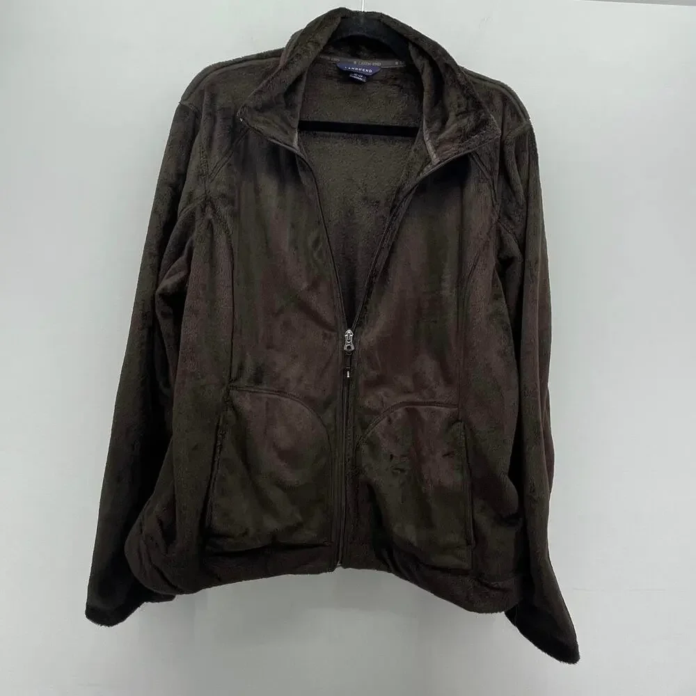 Lands‎ End Fleece Jacket Womens XL Chocolate Brown Full Zip Cozy Comfort Quality
